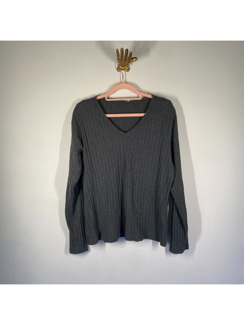 Ribbed Gray V-Neck Long Sleeve Knit Sweater By Lifewear Jeans Womens Size xl